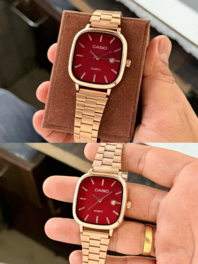 Casio Vintage Square Red Dial Watch – Rose Gold Tone Steel Bracelet Quartz Men's Classic - Image 3