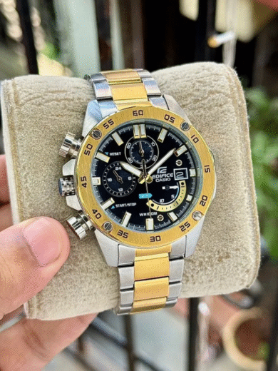 Casio Edifice Chronograph Black Dial Watch – Gold Steel Two-Tone Bracelet Men’s Motorsport-Inspired Design