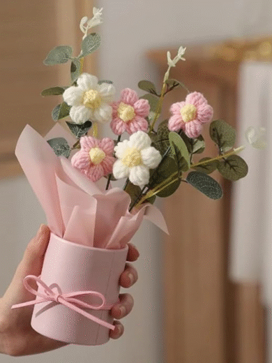Handcrafted Crochet Flower Bouquet – Pink & Cream Yarn Arrangement in Designer Gift Pot