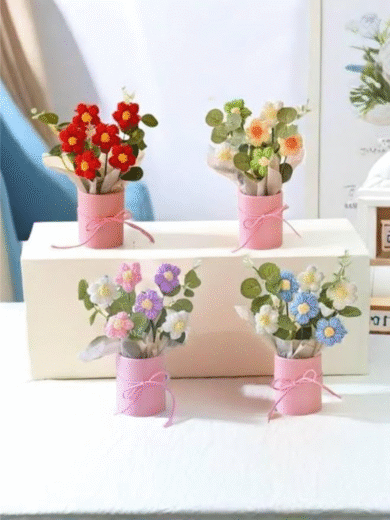 Handcrafted Crochet Flower Bouquet – Pink & Cream Yarn Arrangement in Designer Gift Pot - Image 3