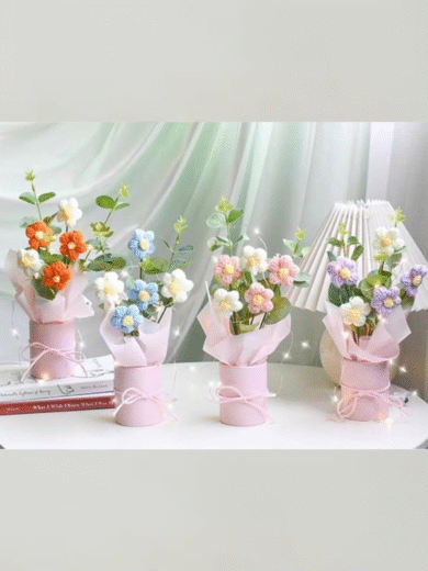 Handcrafted Crochet Flower Bouquet – Pink & Cream Yarn Arrangement in Designer Gift Pot - Image 5