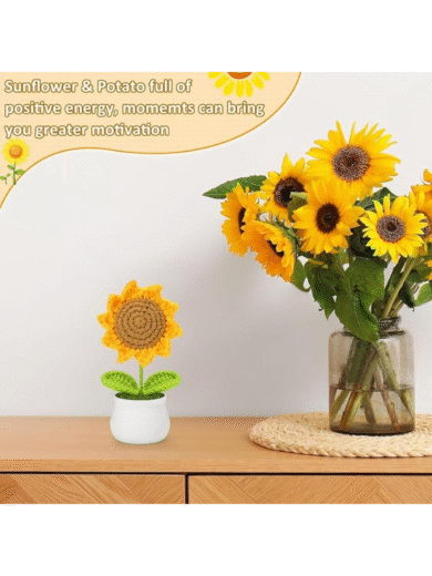 Handcrafted Crochet Sunflower in Pot – Amigurumi Yellow Flower Plush Decor Gift - Image 3