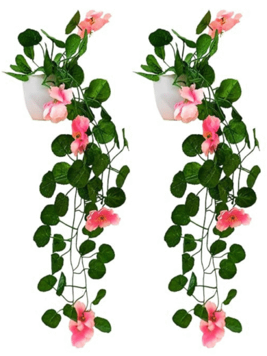 Artificial Hanging Pink Flower Vine Set – Faux Creeper Plants for Wall and Balcony Décor (Pack of 2)