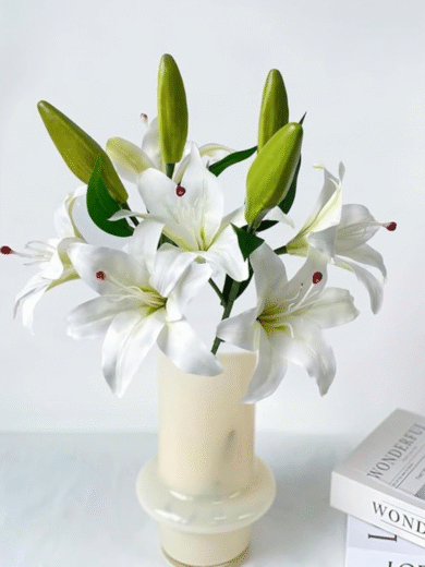 Artificial White Lily Bunch – Faux Premium Lily Flowers for Vase Arrangement, Home & Wedding Décor