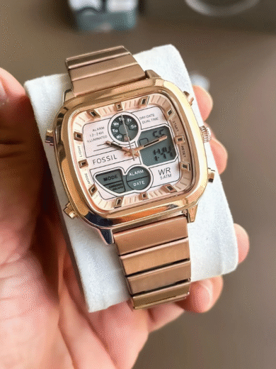 Fossil Rose Gold Square Digital Analog Watch – Multifunction Day-Date Dual Time Men’s Stainless Steel