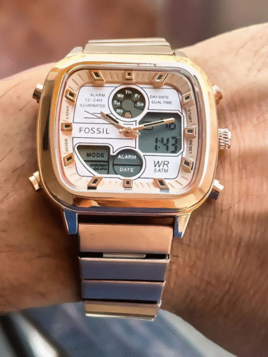 Fossil Rose Gold Square Digital Analog Watch – Multifunction Day-Date Dual Time Men’s Stainless Steel - Image 2