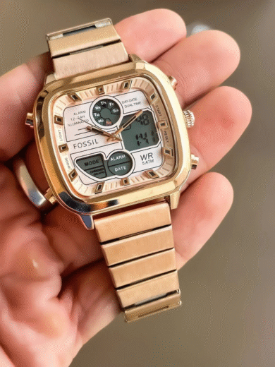 Fossil Rose Gold Square Digital Analog Watch – Multifunction Day-Date Dual Time Men’s Stainless Steel - Image 3
