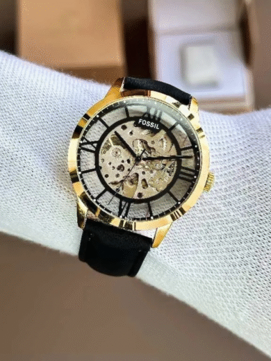 Fossil Townsman Golden Skeleton Automatic Watch – Black Leather Strap, Roman Numeral Men’s Luxury