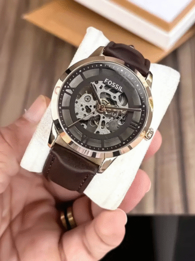 Fossil Townsman Skeleton Automatic Watch – Silver Dial, Brown Leather Strap, Roman Numeral Men’s Luxury