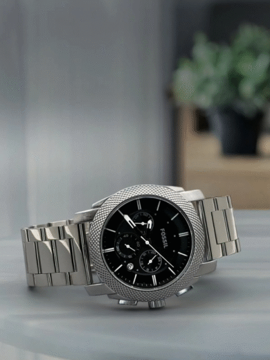 Fossil Machine Stainless Steel Chronograph Watch – Black Dial, Silver Steel Bracelet, Men’s Luxury