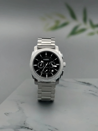 Fossil Machine Stainless Steel Chronograph Watch – Black Dial, Silver Steel Bracelet, Men’s Luxury - Image 2