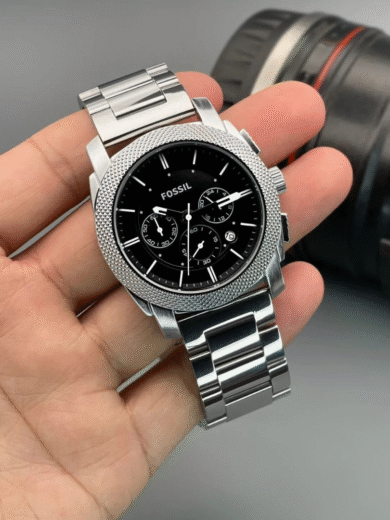 Fossil Machine Stainless Steel Chronograph Watch – Black Dial, Silver Steel Bracelet, Men’s Luxury - Image 3
