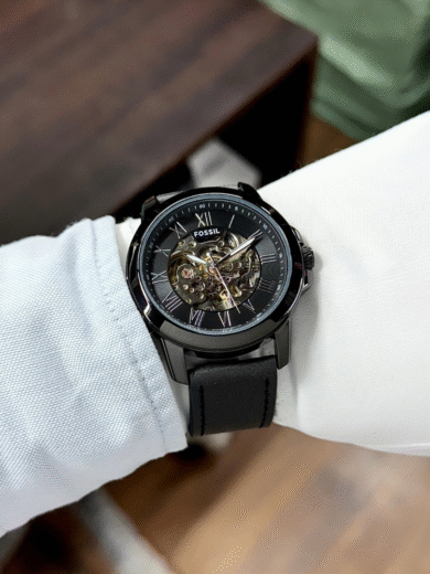 Fossil Townsman Black Skeleton Automatic Watch – Roman Numeral Dial, Black Leather Strap Men’s Luxury