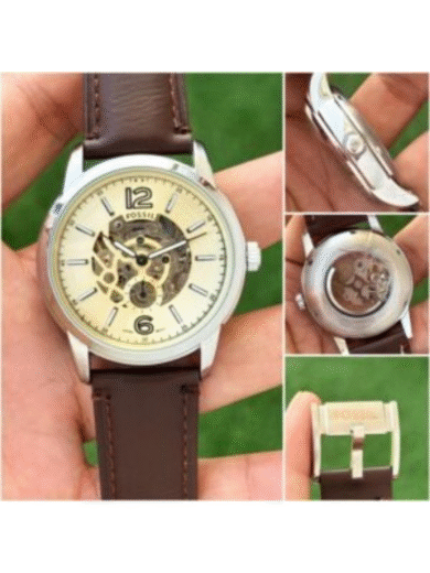Fossil Grant Silver Skeleton Automatic Watch – Cream Dial, Brown Leather Strap, Men’s Luxury Edition - Image 3