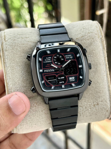 Fossil Black Square Digital Analog Multifunction Watch – Red Accents, Dual Time, Men’s Stainless Steel