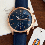 Fossil Neutra Chronograph Watch – Blue Dial, Rose Gold Case, Blue Leather Strap Men’s Designer