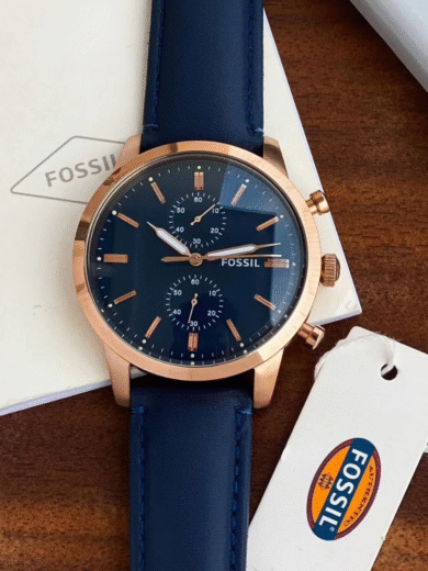 Fossil Neutra Chronograph Watch – Blue Dial, Rose Gold Case, Blue Leather Strap Men’s Designer