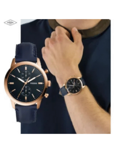 Fossil Neutra Chronograph Watch – Blue Dial, Rose Gold Case, Blue Leather Strap Men’s Designer - Image 2