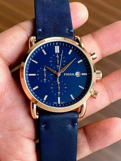 Fossil Blue Dial Chronograph Watch – Rose Gold Case, Blue Leather Strap Men’s Designer