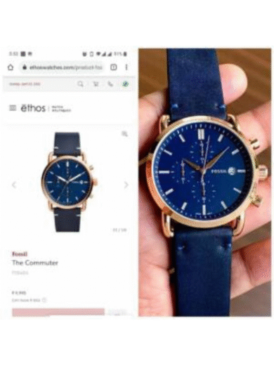 Fossil Blue Dial Chronograph Watch – Rose Gold Case, Blue Leather Strap Men’s Designer - Image 2
