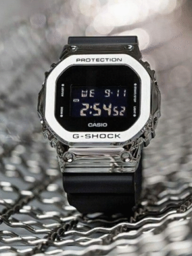 Casio G-Shock Full Metal Silver Digital Watch – Black Resin Strap, Square Dial, Men’s Sports Collection