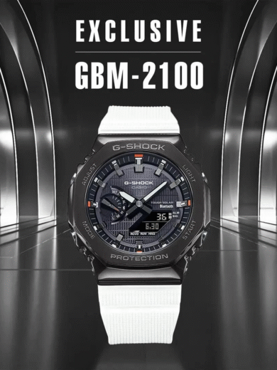 Casio G-Shock GBM-2100 Tough Solar Bluetooth Watch – Black Dial, White Strap, Digital Analog, Men’s Exclusive Tech Series
