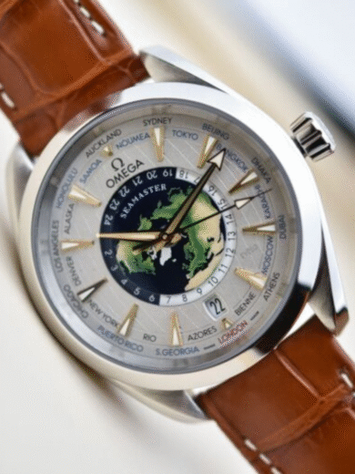 Omega Seamaster Worldtimer Inspired Watch – White Dial, Brown Leather Strap, Multi-City Display, Men’s Travel Collection - Image 5