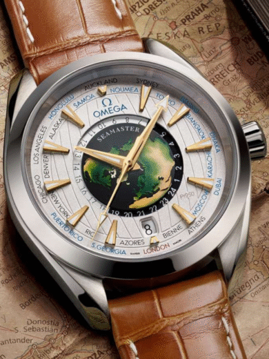 Omega Seamaster Worldtimer Inspired Watch – White Dial, Brown Leather Strap, Multi-City Display, Men’s Travel Collection