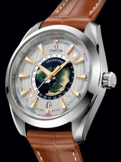 Omega Seamaster Worldtimer Inspired Watch – White Dial, Brown Leather Strap, Multi-City Display, Men’s Travel Collection - Image 3