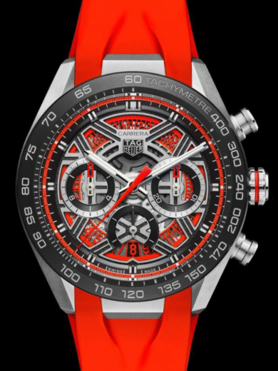 Tag Heuer Carrera Chronograph Skeleton Watch – Red Rubber Strap, Black Tachymeter Bezel, Men’s Racing Edition