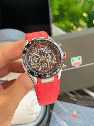 Tag Heuer Carrera Chronograph Skeleton Watch – Red Rubber Strap, Black Tachymeter Bezel, Men’s Racing Edition - Image 4