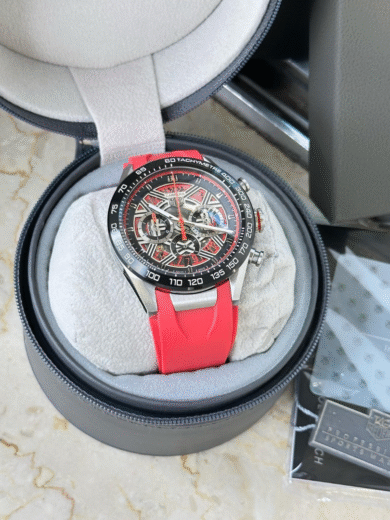 Tag Heuer Carrera Chronograph Skeleton Watch – Red Rubber Strap, Black Tachymeter Bezel, Men’s Racing Edition - Image 3