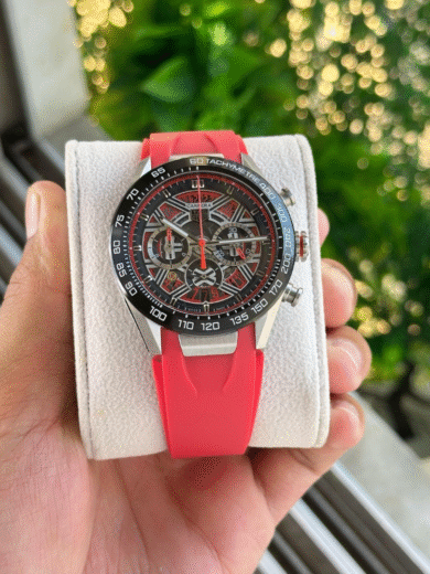 Tag Heuer Carrera Chronograph Skeleton Watch – Red Rubber Strap, Black Tachymeter Bezel, Men’s Racing Edition - Image 2