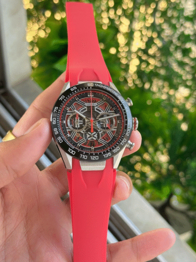 Tag Heuer Carrera Chronograph Skeleton Watch – Red Rubber Strap, Black Tachymeter Bezel, Men’s Racing Edition - Image 6