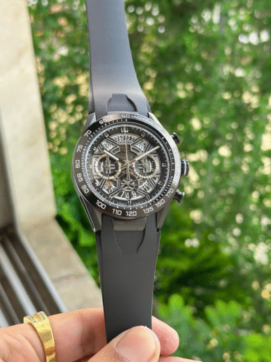 Tag Heuer Carrera Skeleton Chronograph Watch – Black Rubber Strap, Black Case, Tachymeter Bezel Men’s Racing Edition - Image 5