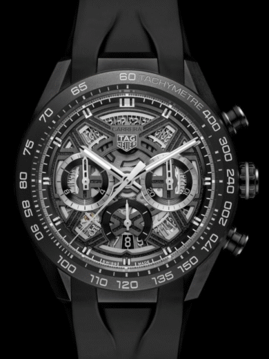 Tag Heuer Carrera Skeleton Chronograph Watch – Black Rubber Strap, Black Case, Tachymeter Bezel Men’s Racing Edition