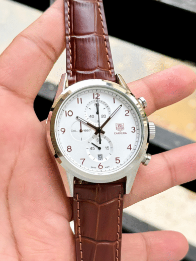 Tag Heuer Carrera Calibre 1887 Chronograph Watch – White Dial, Brown Leather Strap, Men’s Classic Swiss Design - Image 2