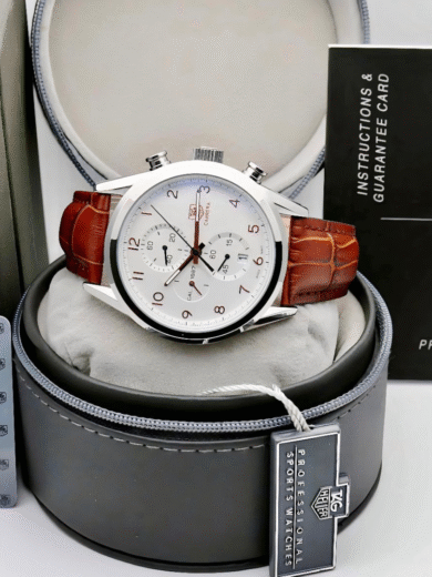 Tag Heuer Carrera Calibre 1887 Chronograph Watch – White Dial, Brown Leather Strap, Men’s Classic Swiss Design