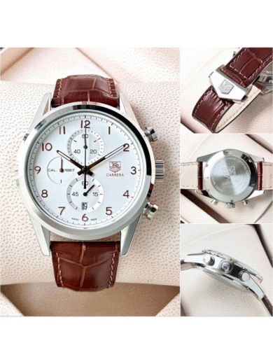 Tag Heuer Carrera Calibre 1887 Chronograph Watch – White Dial, Brown Leather Strap, Men’s Classic Swiss Design - Image 4