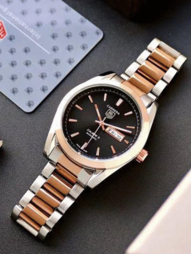 Tag Heuer Carrera Calibre 5 Automatic Watch – Black Dial, Rose Gold & Steel Bracelet, Day-Date Luxury Men’s