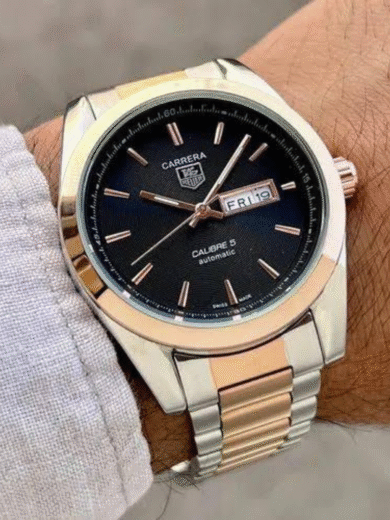 Tag Heuer Carrera Calibre 5 Automatic Watch – Black Dial, Rose Gold & Steel Bracelet, Day-Date Luxury Men’s - Image 3