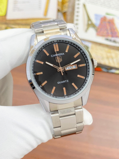 Tag Heuer Carrera Quartz Watch – Black Dial, Silver Steel Bracelet, Day-Date Men’s Classic