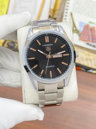 Tag Heuer Carrera Quartz Watch – Black Dial, Silver Steel Bracelet, Day-Date Men’s Classic - Image 2