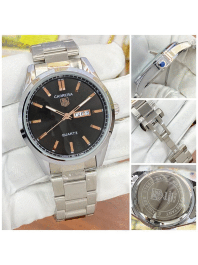 Tag Heuer Carrera Quartz Watch – Black Dial, Silver Steel Bracelet, Day-Date Men’s Classic - Image 3