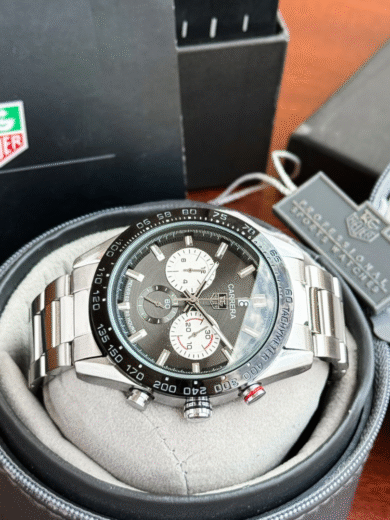 Tag Heuer Carrera Heuer 02 Chronograph Watch – Black Dial, Silver Steel Bracelet, Tachymeter Bezel, Men’s Luxury