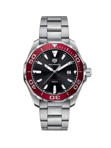 Tag Heuer Aquaracer 300M Dive Watch – Black Dial, Red Bezel, Stainless Steel Bracelet Men’s Luxury