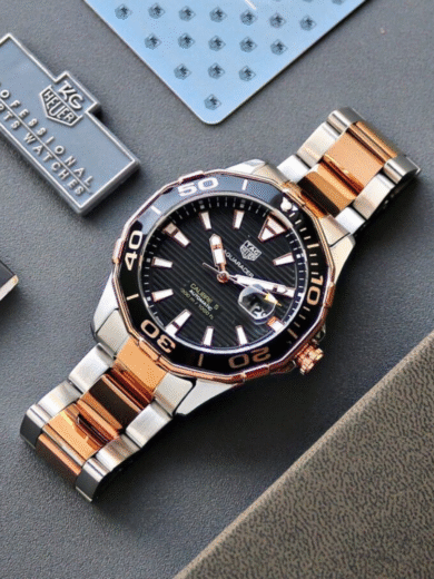 Tag Heuer Aquaracer Calibre 5 Automatic Watch – Black Dial, Rose Gold & Steel Bracelet, 300M Men’s Luxury
