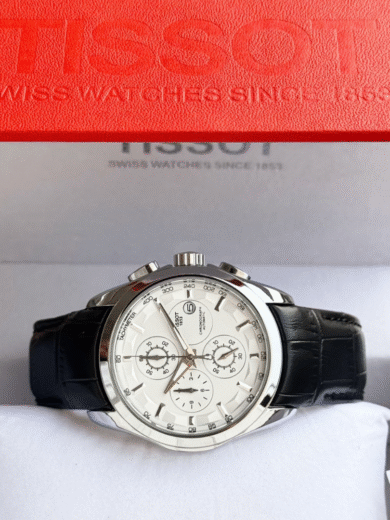 Tissot Couturier Automatic Chronograph Watch – White Dial Black Leather Steel Case Men's Timepiece