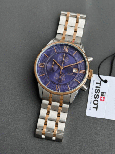 Tissot Chemin Des Tourelles Chronograph Watch – Blue Dial Two-Tone Steel Rose Gold Men's Timepiece