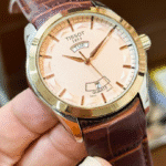 Tissot PRC 200 Day-Date Quartz Watch – Rose Gold White Dial Brown Leather Men's Swiss Timepiece